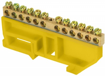 Шина нулевая 18 отверстий жёлтый изолятор на DIN-рейку латунь